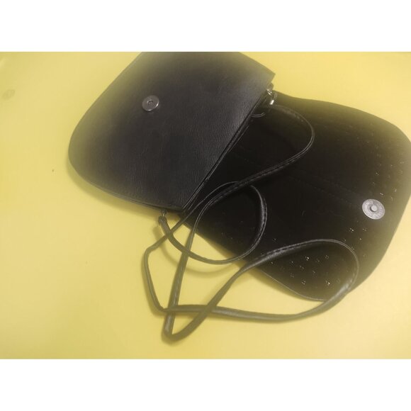 Black Leather sling bag with metal beading, has a button closure 8" x 7" - Picture 6 of 11